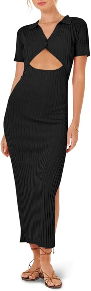 Fisoew Womens Sexy Cutout Dress Summer V Neck Short Sleeve Knitted Ribbed Side Split Bodycon Midi... | Amazon (US)