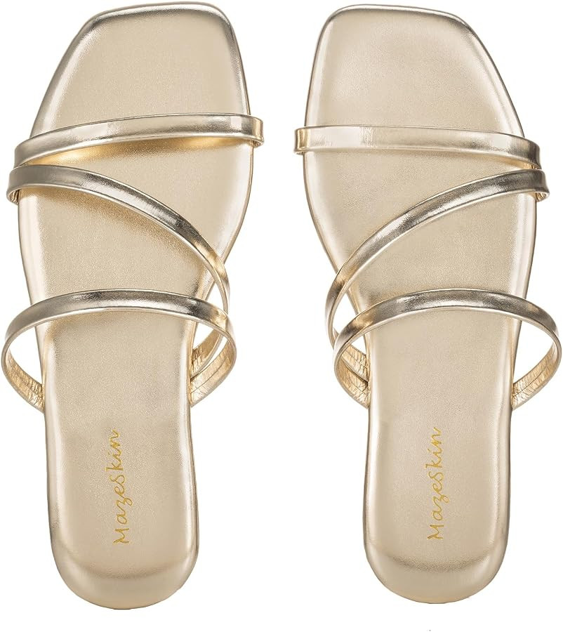 mazeskin Memory Foam Strappy Flats Sandals for Women Vegan Leather Summer Square Toe Beach Slides... | Amazon (US)