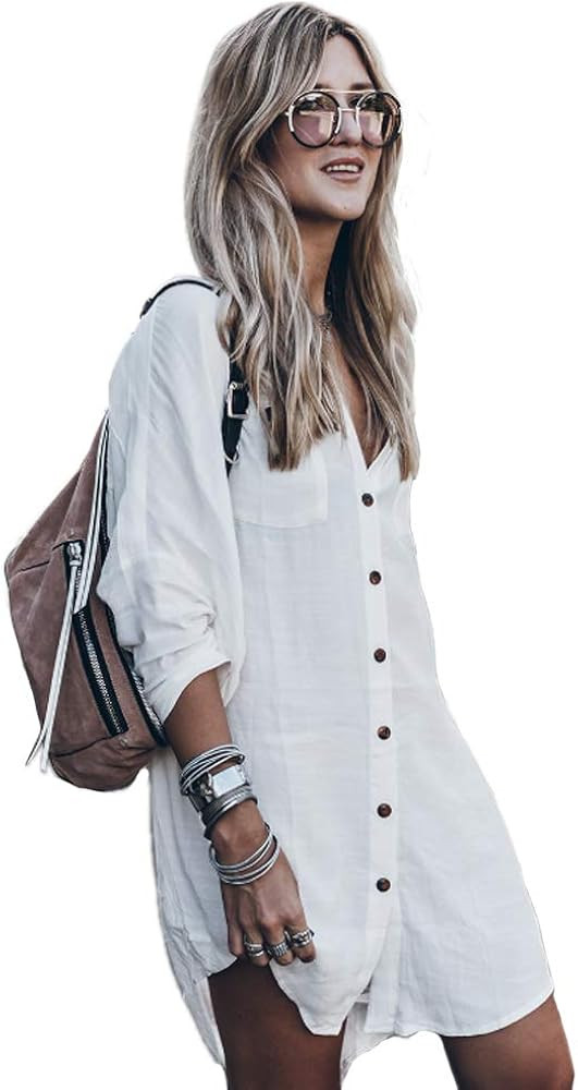 Women’s Swimsuit Cover up,Silky Button Down Shirt Midi Dress Kimono,Summer Bathing Suit Beach Coveru | Amazon (US)