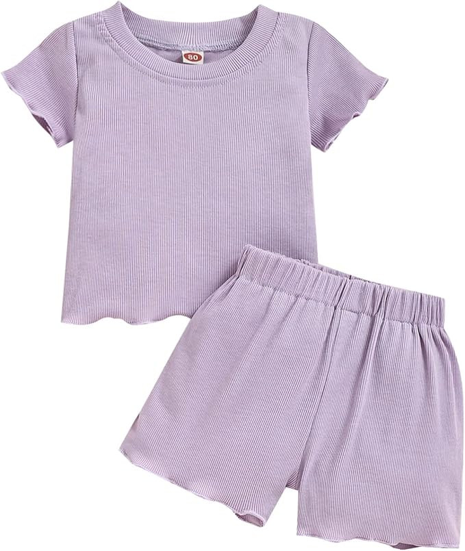 Toddler Baby Girl Summer Clothes Ribbed Knit Cotton Cute Summer Outfits Short Sleeves 2 Pieces Sh... | Amazon (US)