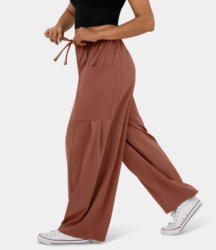 Women’s Mid Rise Elastic Waistband Drawstring Side Pocket Palazzo Flowy Wide Leg Casual Pants -... | HALARA