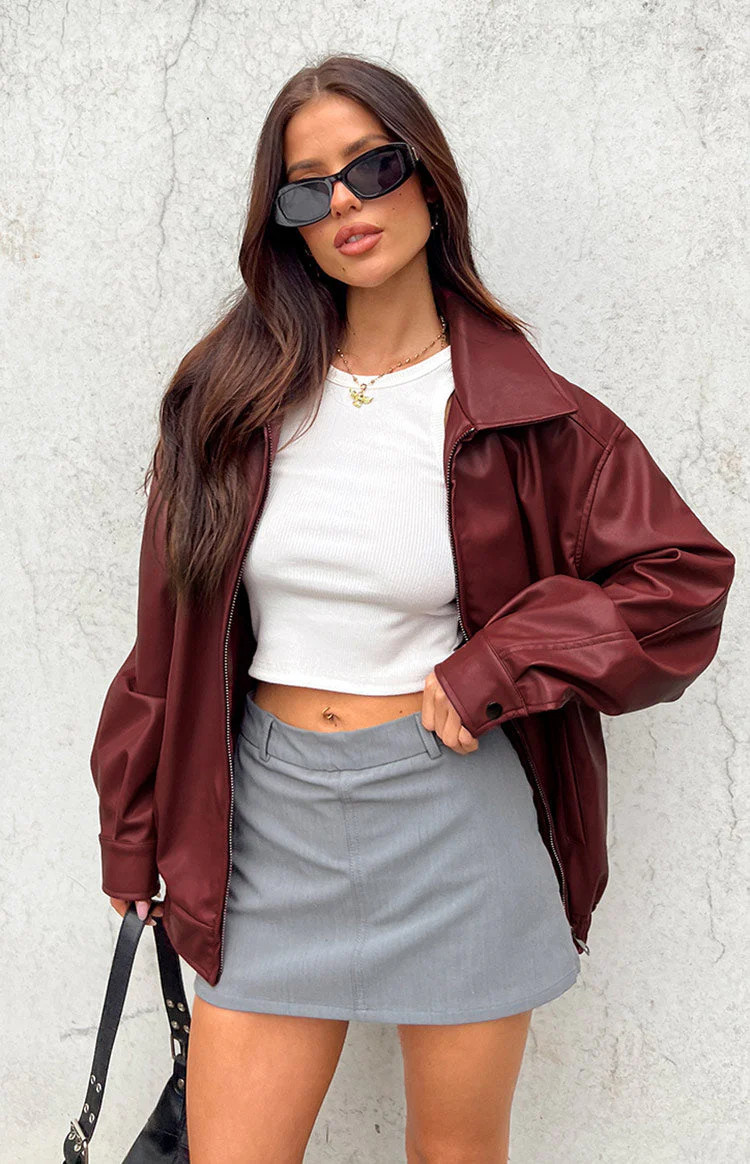 Abbi PU Red Bomber Jacket | Beginning Boutique (US)