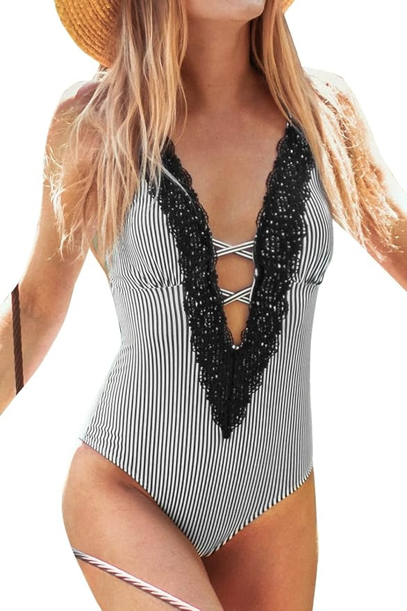 CUPSHE Women's One Piece Vintage Lace Deep V Neck Cutout Swimsuit | Amazon (US)