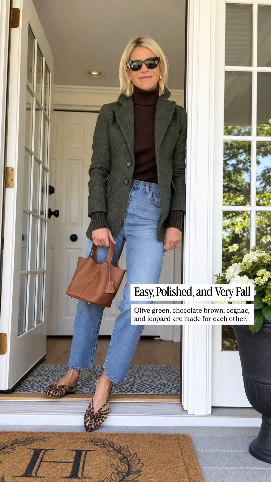 This is one of those fall outfits that just works: a textured olive blazer, chocolate brown turtleneck, light-wash jeans, and leopard flats. Add a cognac tote and you have an easy, polished look for lunch, shopping, errands, or a casual dinner.

👩‍💻 LTK PRO TIPS
❤️ Heart = Support my posts ;-)
🔖 Save = Get sale & restock alerts for the things you love!
📋 Lists = Keep favorites organized (List ideas: Christmas, Birthdays, and Vacations!)
📲 Share = Send lists and products to a friend (or your daughters like me).
💬 Comment = Ask me anything, and I’ll answer. ;-)