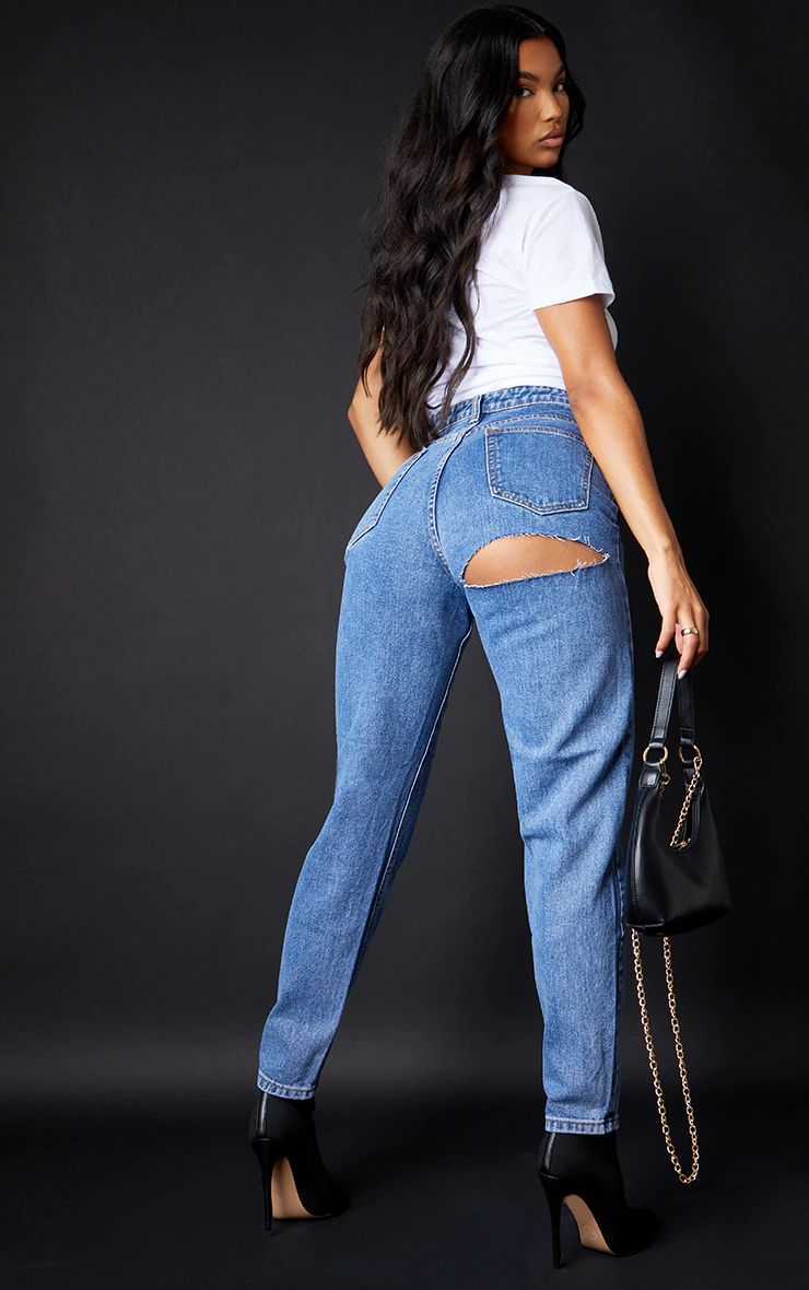 PRETTYLITTLETHING Mid Blue Bum Rip Mom Jeans | PrettyLittleThing US