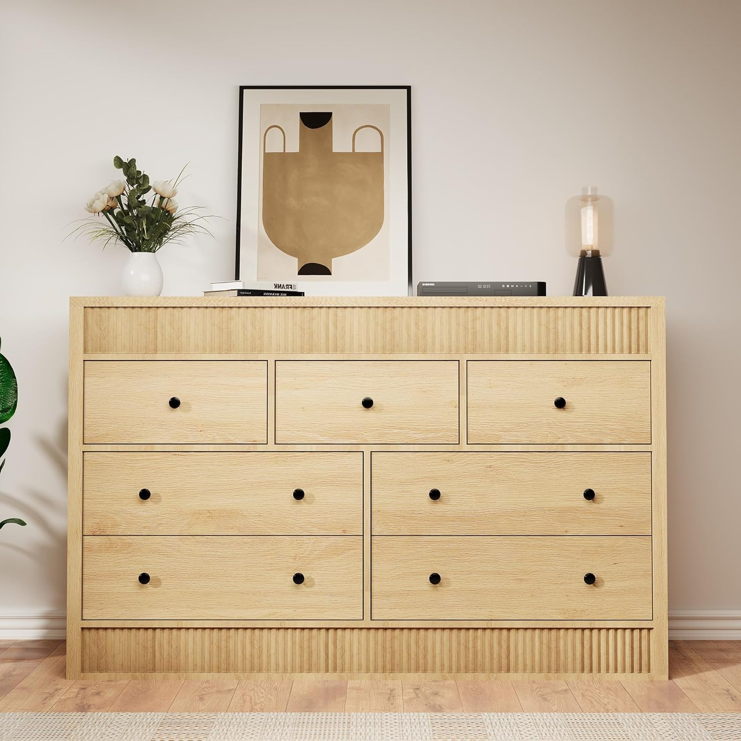 Garvee 7 Drawer Dresser for Bedroom 54in Wide Wooden Chest of Drawers Fluted Storage Organizer for Living Room Hallway and Entryway Natural Oak | Lowe's