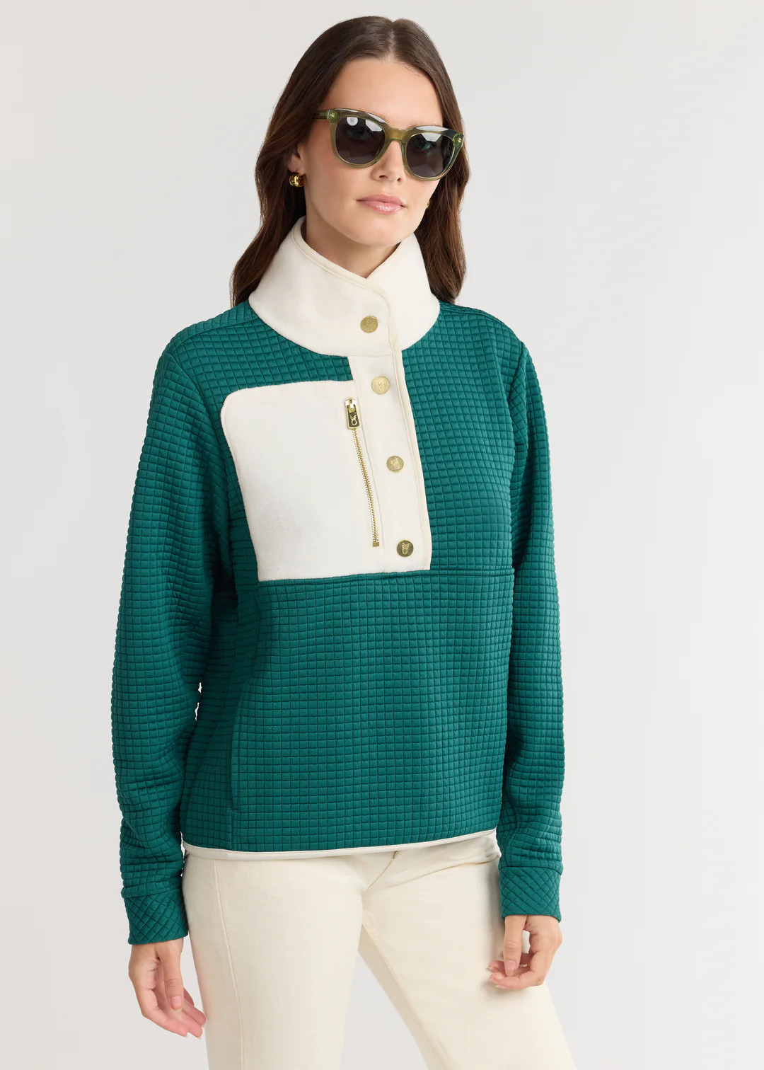 Cherry Lawn Pullover in Waffle/Vello Fleece (Woodland Green/Cream) | Dudley Stephens