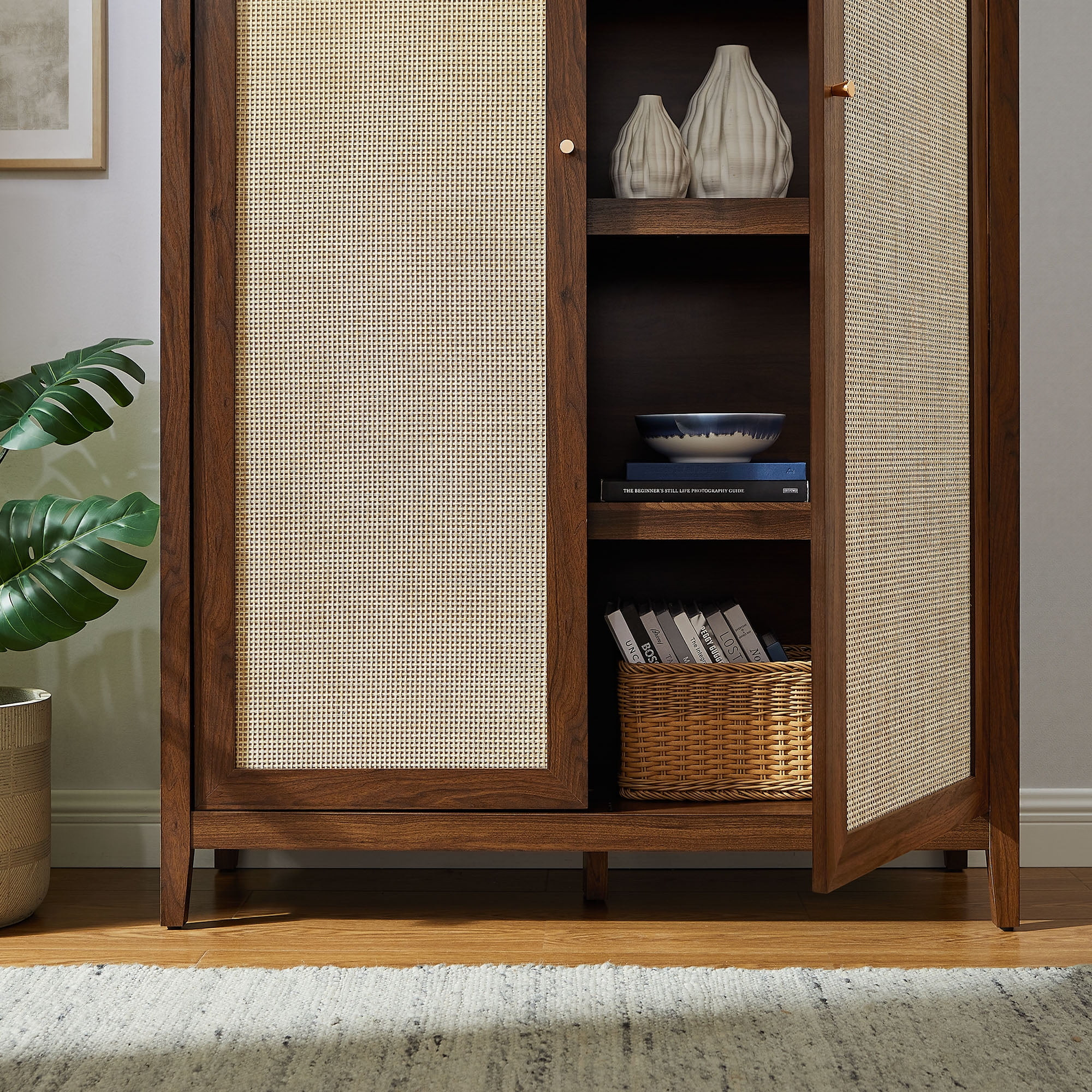 Modway Calista 79" Tall Wide Rattan Arched Storage Cabinet in Walnut by Modway | Walmart (US)