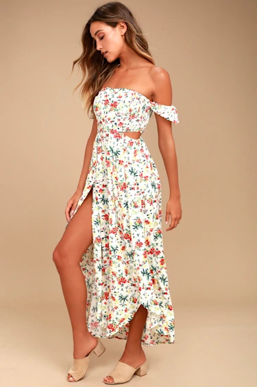 Easy on the Eyes Cream Floral Print Off-the-Shoulder Maxi Dress | Lulus (US)