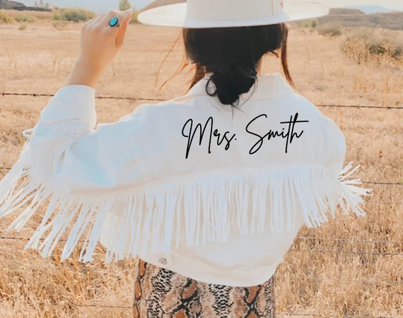 White Fringe Mrs Personalized Denim Jacket, Custom Bride Jean Jacket, Wedding Jacket, Bridal Enga... | Etsy (US)