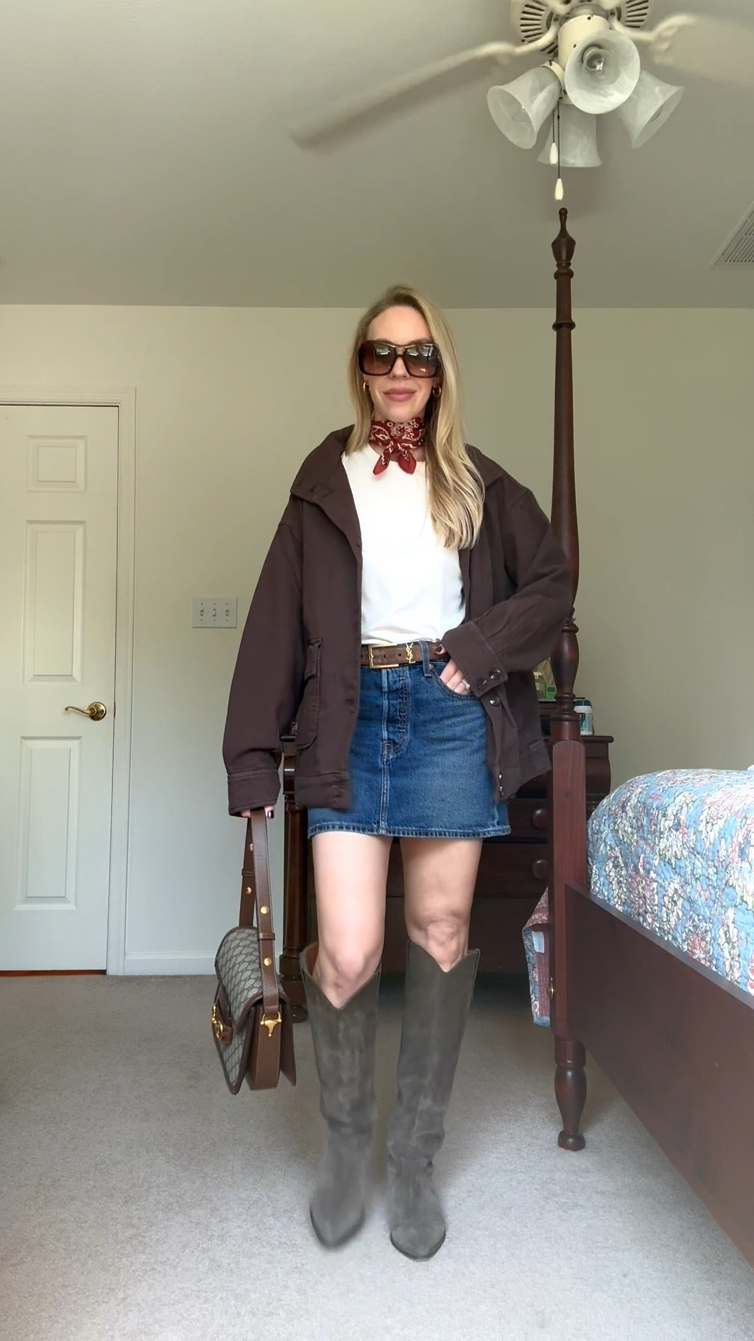 Transitional season, summer to fall outfit, barn coat (on sale under $50!), @levi denim mini skirt, cowboy boots

#LTKSeasonal #LTKOver40 #LTKSaleAlert