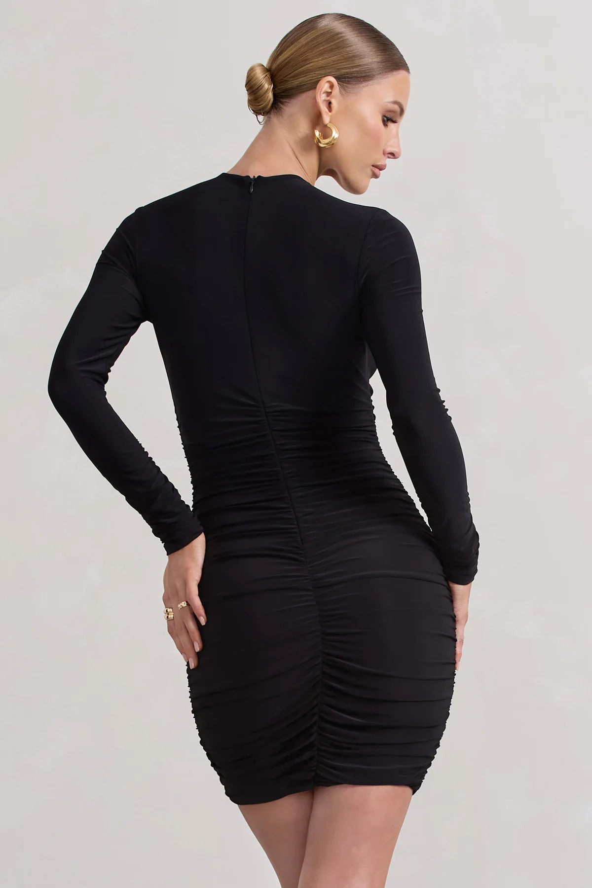 Escapism | Black Ruched Long-Sleeve Cut-Out Mini Dress | Club L London