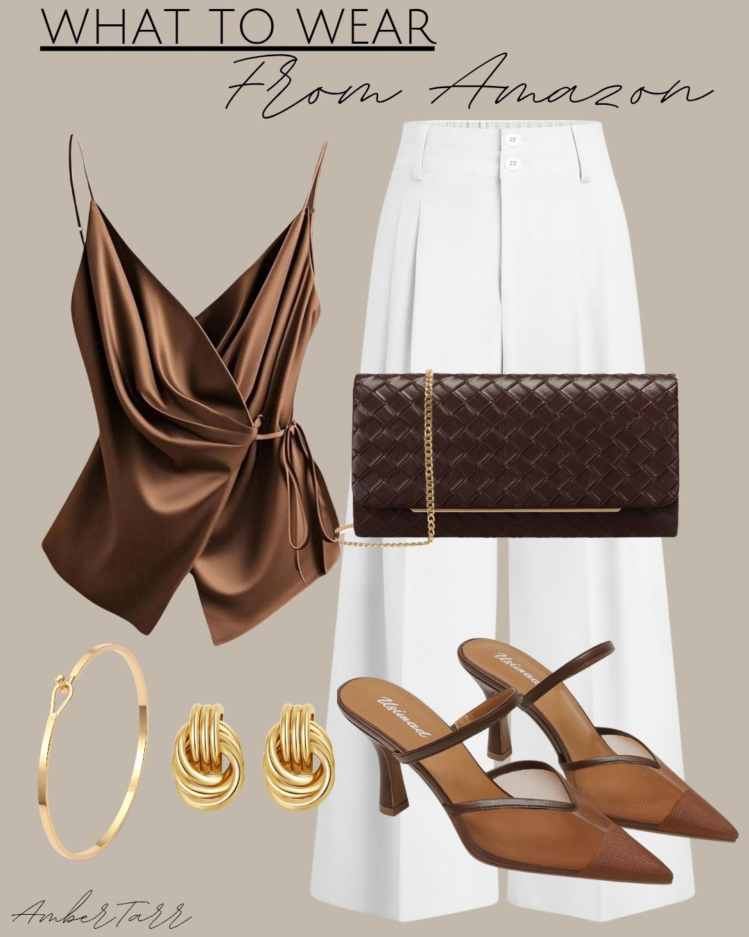 This chocolate brown satin wrap top paired with white wide leg trousers, a woven leather clutch, pointed toe brown mesh heels, gold knot earrings, and a delicate gold bangle bracelet is an elegant and classy date night outfit from Amazon that looks incredibly expensive without the price tag. Sophisticated, polished, and so easy to style for a dinner date or a special night out

#LTKOver40 #LTKootd #LTKgrwm