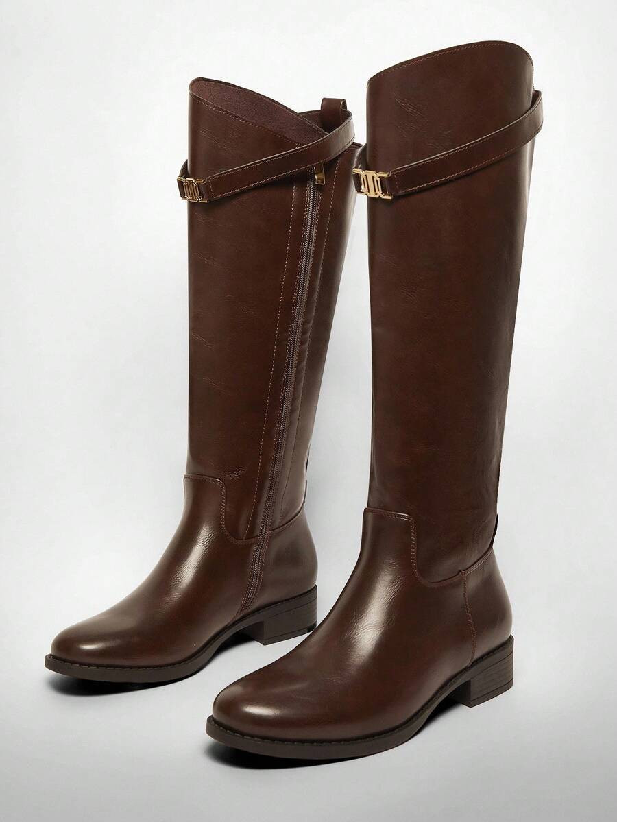 Solezae Women Everyday Casual Comfortable Round Toe Chunky Heel Knee-High Boots With Metal Decor For Christmas Valentine's Day | SHEIN