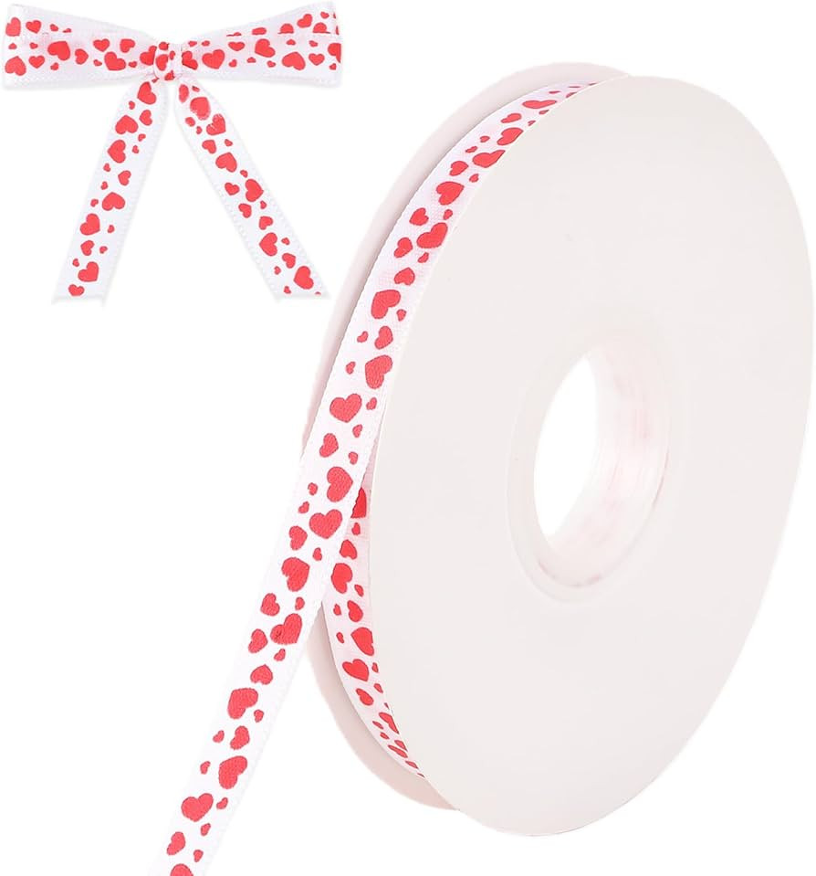Valentine's Day Ribbon White Red Heart Ribbon 3/8 Inch 50 Yards Heart Stain Ribbons Thin White Ri... | Amazon (US)