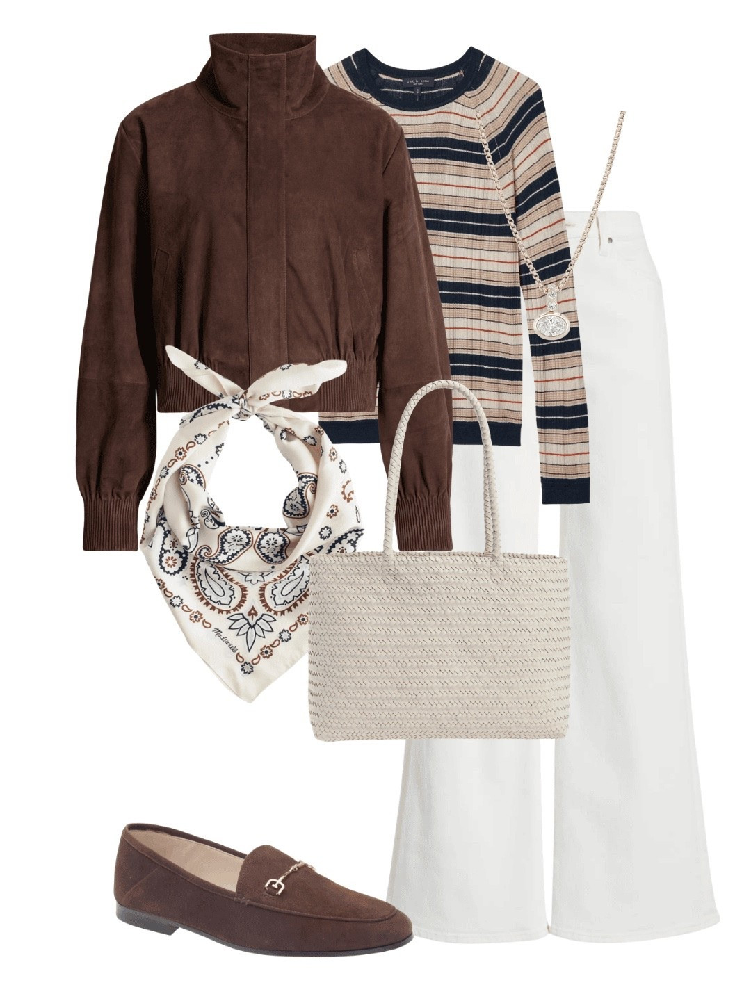 A suede jacket softens soft white jeans and makes the outfit work. Match your shoes to your jacket (“sandwich rule”) for extra polish