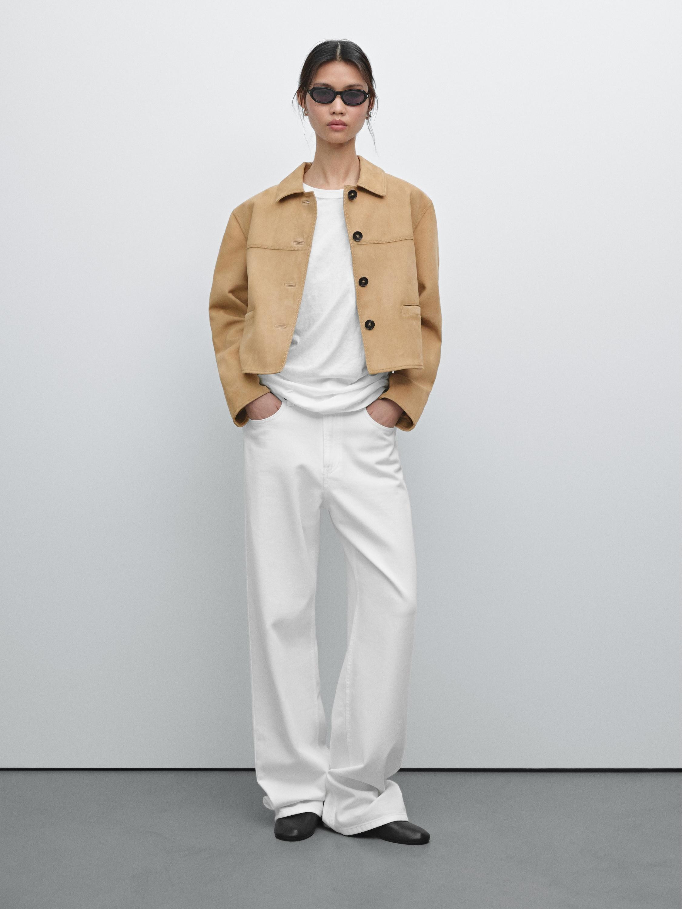 Short suede leather jacket with topstitching | Massimo Dutti US