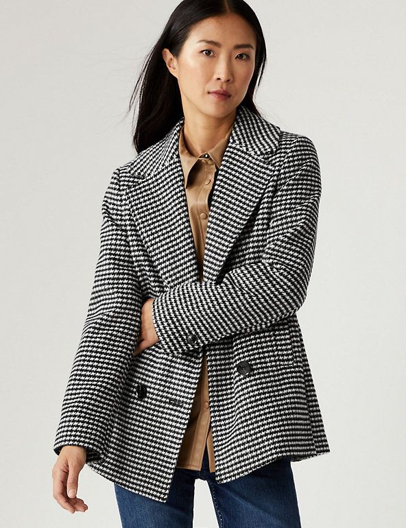 Dogtooth Collared Short Coat with Wool | M&S Collection | M&S | Marks & Spencer (UK)