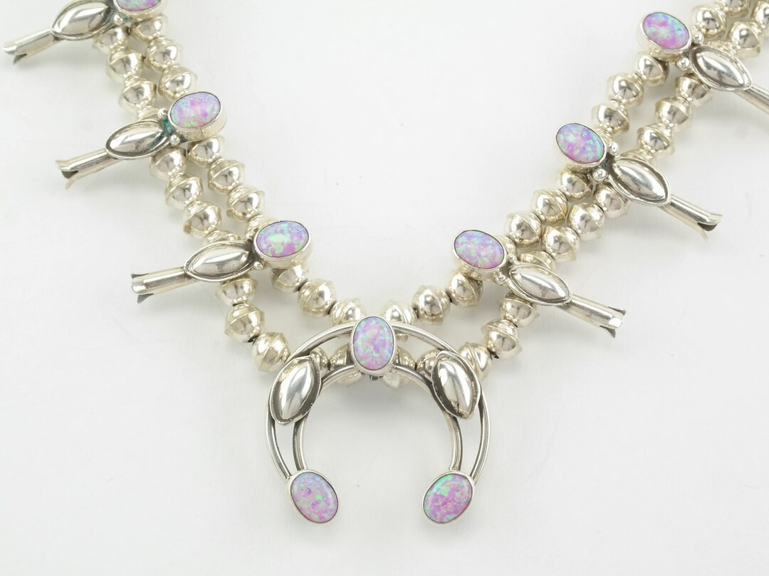 Vintage Native American Sterling Silver Pink Lab Opal Squash Blossom Necklace - Etsy | Etsy (US)