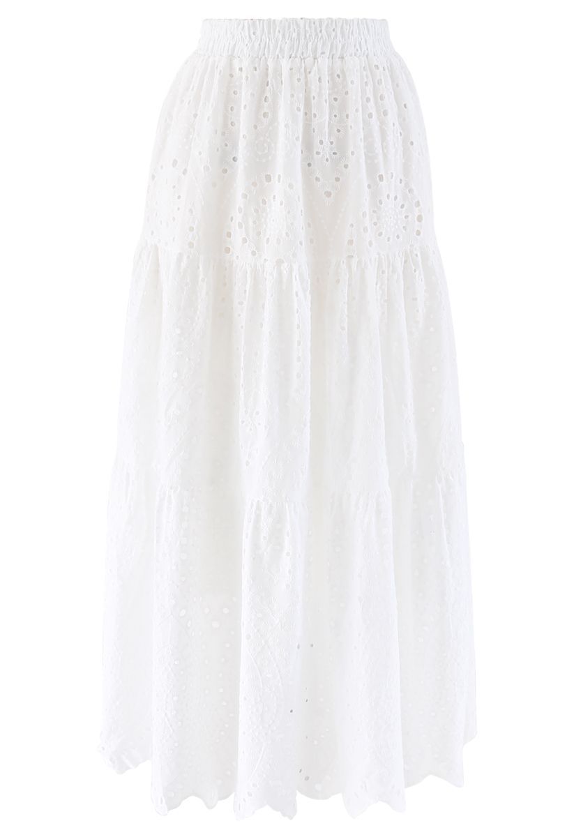 Frill Hem Broderie Cotton Midi Skirt in White | Chicwish