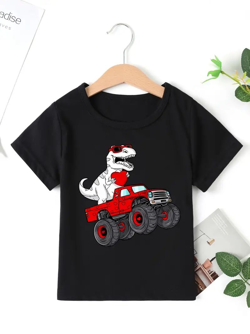 Valentine's Day Dinosaur Truck Print, Boy's Round Neck Casual Short Sleeve T-shirt, Comfortable S... | Temu Affiliate Program