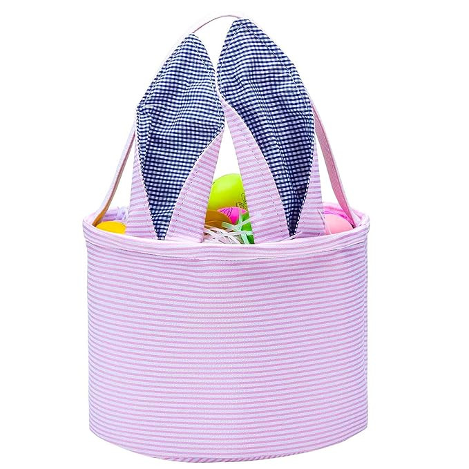 Easter Basket Seersucker Egg Hunt Bunny Baskets for Kids with Cute Rabbit Ears Stripe Storage Gif... | Amazon (US)