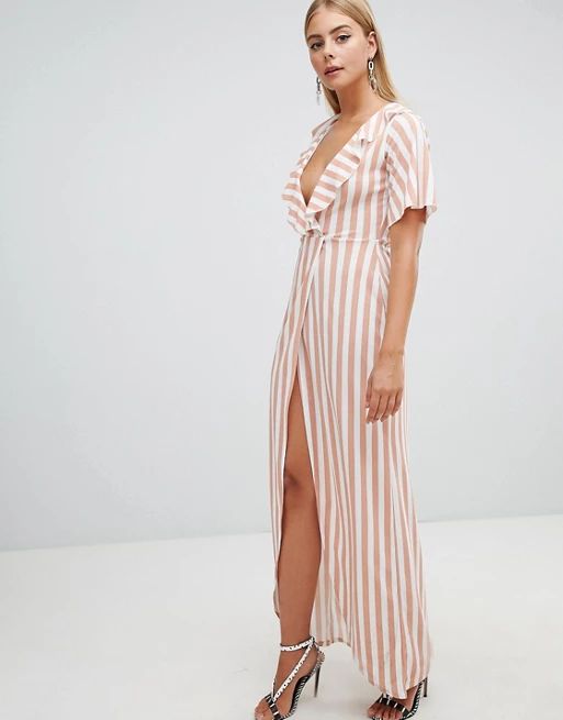 PrettyLittleThing Stripe Print Frill Detail Wrap Maxi Dress | ASOS US