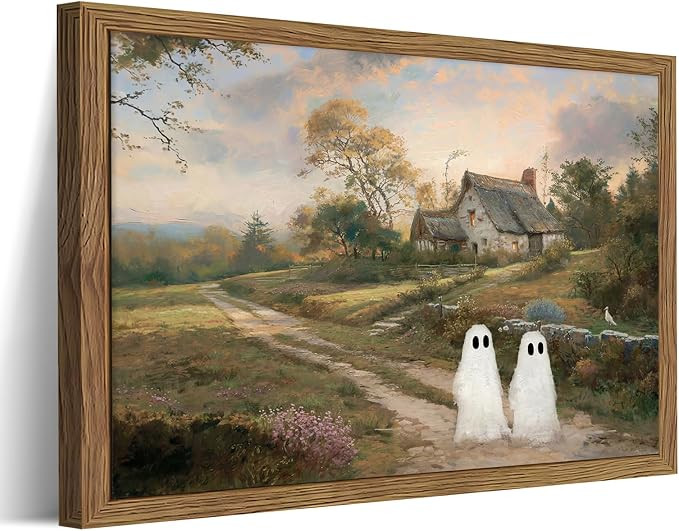 Vintage Halloween Wall Art Framed, Cute Ghost Rustic Landscape Wall Decor, Cottagecore Halloween ... | Amazon (US)