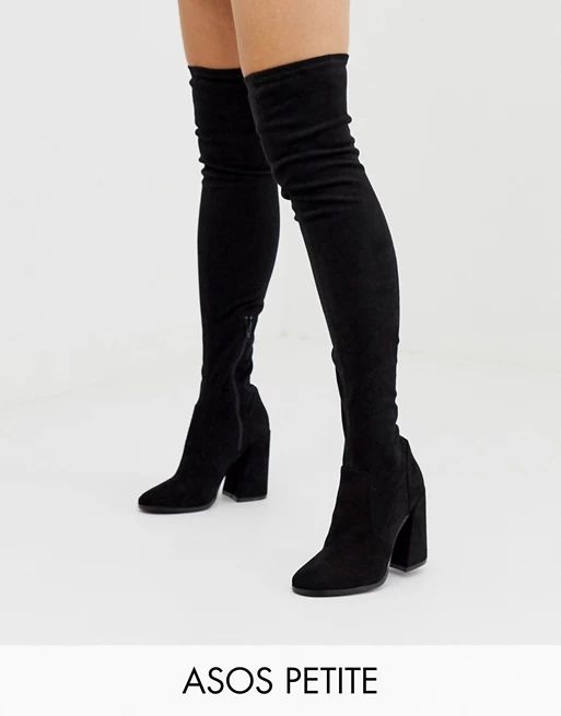 ASOS DESIGN Petite Korey heeled thigh high boots in black | ASOS US
