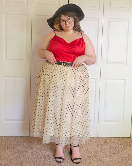 Plus size red satin camisole white tulle skirt outfit 

#LTKcurves #LTKstyletip #LTKSeasonal
