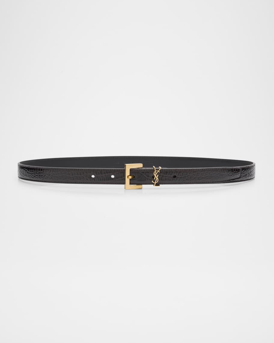 Saint Laurent Cassandre YSL Croc-Embossed Leather Belt | Neiman Marcus