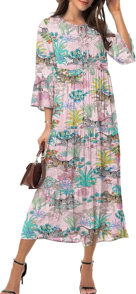 VIISHOW Womens 3/4 Sleeve Casual Bohemian Midi Dress | Amazon (US)