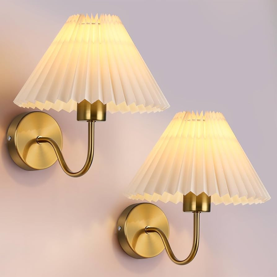 Gold Wall Sconces Sets of 2, Indoor Wall Light Fixtures with Fabric Lampshade, Pleated Fabric Wal... | Amazon (US)