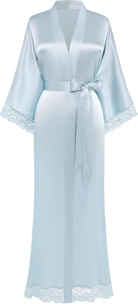 BABEYOND Satin Kimono Robe Long Bridesmaid Wedding Bath Robe with Lace Trim | Amazon (US)