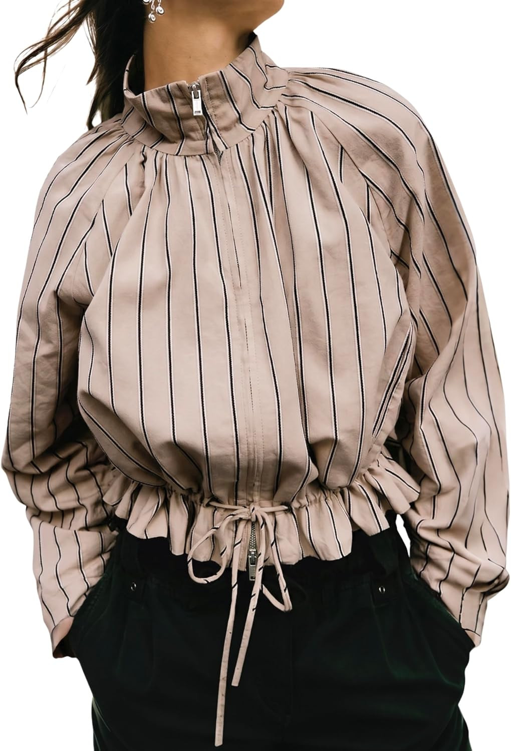 Women's Lightweight Striped Stand Collar Zip Up Cropped Jacket | Amazon (US)
