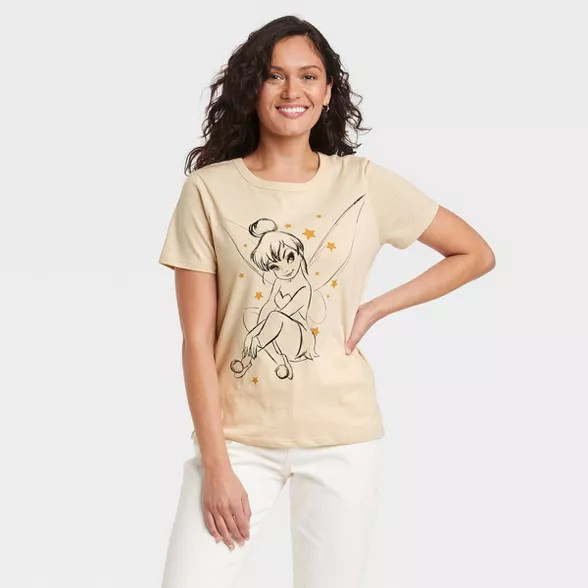 Women's Disney Tinkerbell Short Sleeve Graphic T-Shirt - Tan | Target