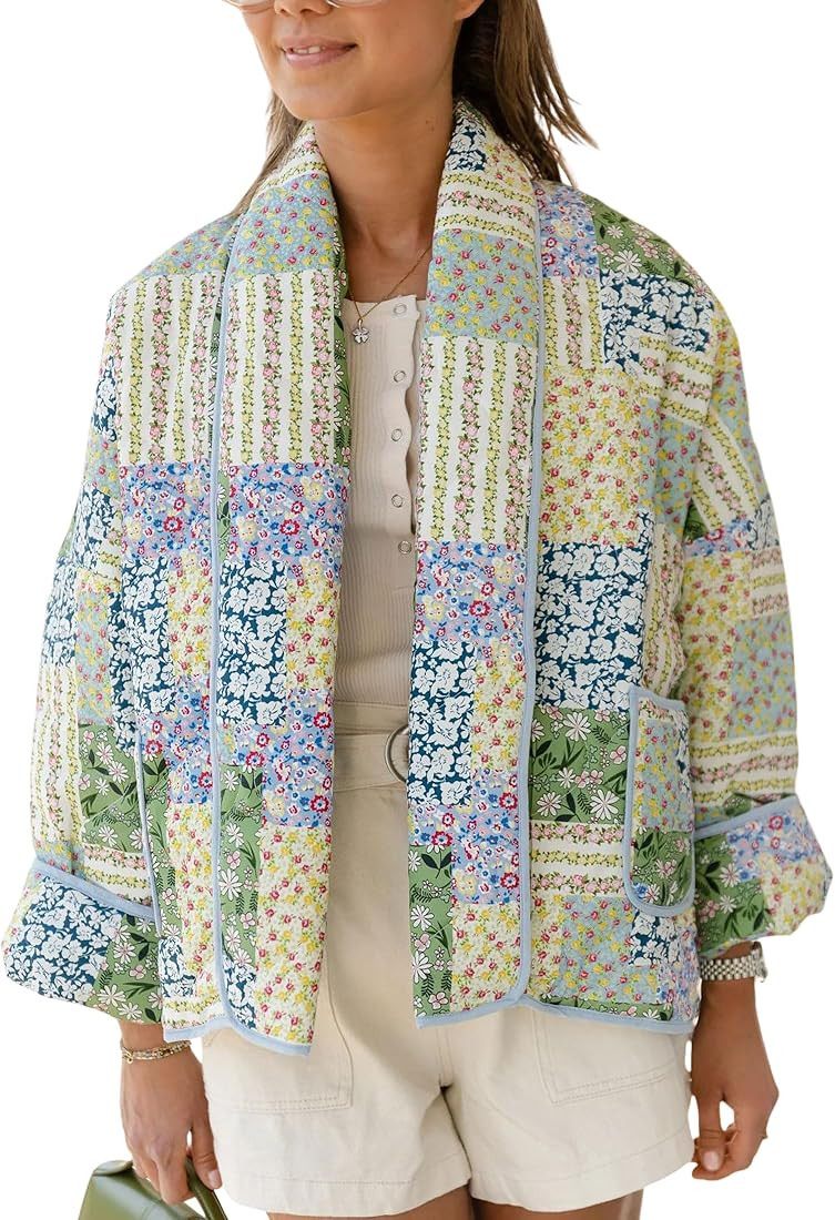 Women's Cropped Puffer Jacket Cardigan Floral Printed Lightweight Open Front Short Padded Quilted... | Amazon (US)