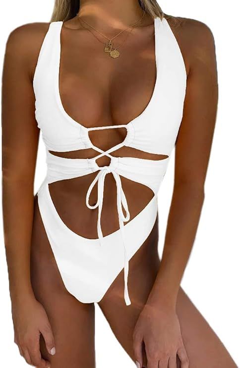 CHYRII Women's Sexy Cutout Lace Up Backless High Cut One Piece Swimsuit Monokini | Amazon (US)