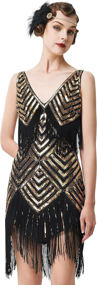 BABEYOND Women's 1920s Flapper Dress V Neck Slip Dress Roaring 20s Great Gatsby Dress for Party | Amazon (US)