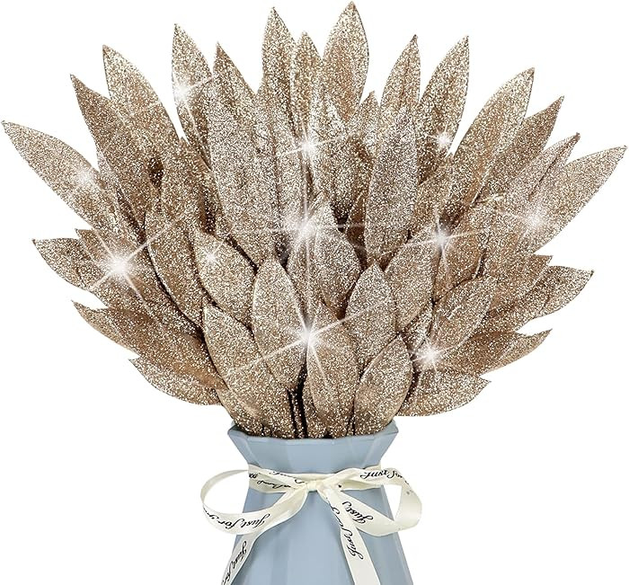 16 Pcs Artificial Glitter Leaves 13.8" Fake Plants Flower Branches Leaf Christmas Tree Picks Spar... | Amazon (US)