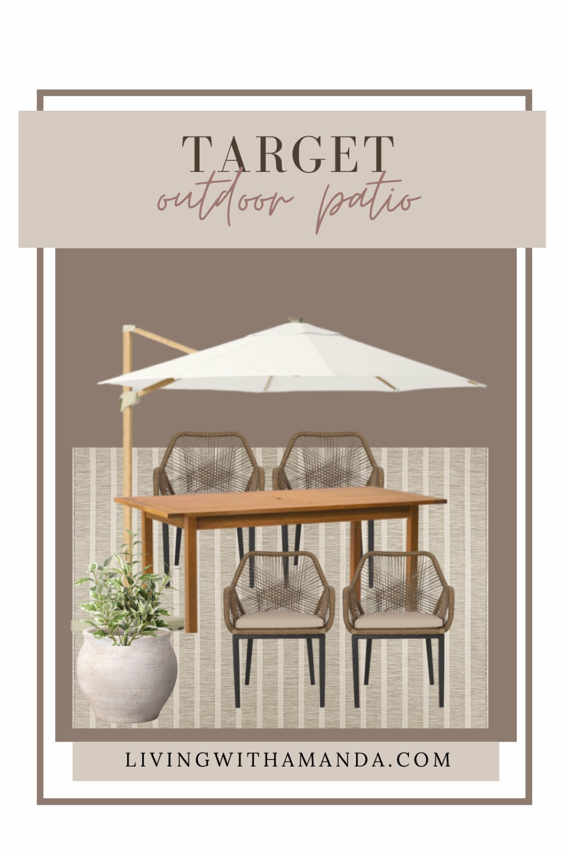 Target patio outdoor dining table
Target sofa
Target couch
Target outdoor pillows
Target fireplace
Target outdoor umbrella 
Target poufs 
Target outdoor storage
Target dining chairs 


#LTKSeasonal #LTKhome #LTKxTarget
