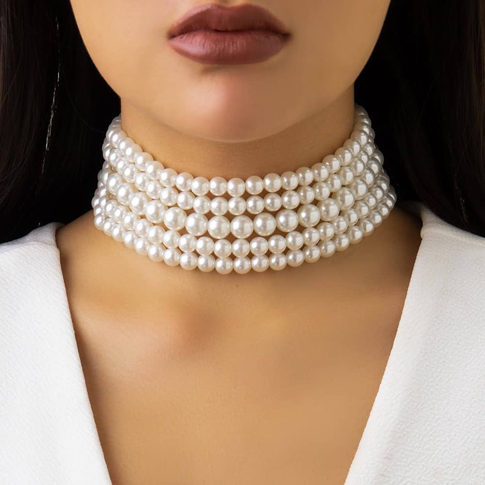 Boho Round Imitation Pearl Choker Necklace Multi Strands Vintage Choker Bridal Wedding Crystal Je... | Amazon (US)