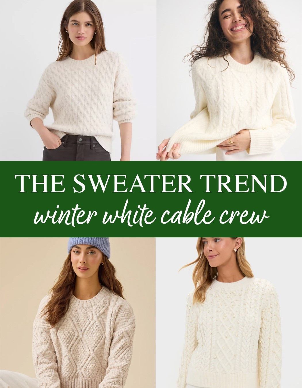 Looking for the perfect Christmas gift for your sister, mother, daughter, wife - how about a winter white crewneck cable knit sweater - picks from Abercrombie The A&F Madeline Cable Crew Sweater, Everley Chenille Cable Sweater, LOFT Fuzzy Cable Sweater #cablesweater #offwhite #winterwhitesweater #ChristmasSweaters #giftsforher #mydailystylefinds #over40style  #over50style

#LTKFindsUnder50 #LTKOver40 #LTKGiftGuide