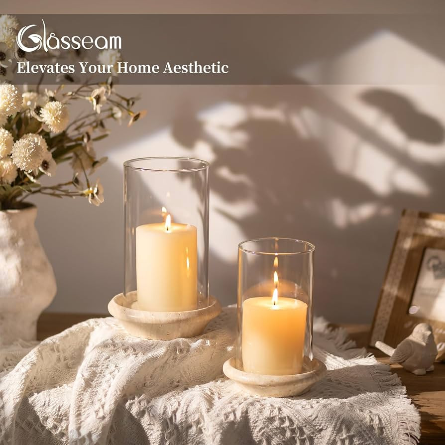 Glasseam Hurricane Candle Holder 2 Pcs Travertine Tray & 3mm Glass Cylinder | Amazon (US)