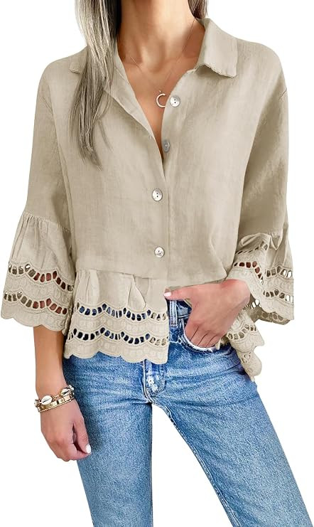 Cicy Bell Womens 3/4 Bell Sleeve Button Down Shirt Casual Top Eyelet Blouse | Ruffle Hem,Peplum,L... | Amazon (US)