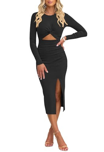oten Women's Casual Long Sleeve Cutout Twist Front Side Slit Knit Party Bodycon Midi Dresses Black Large | Amazon (US)