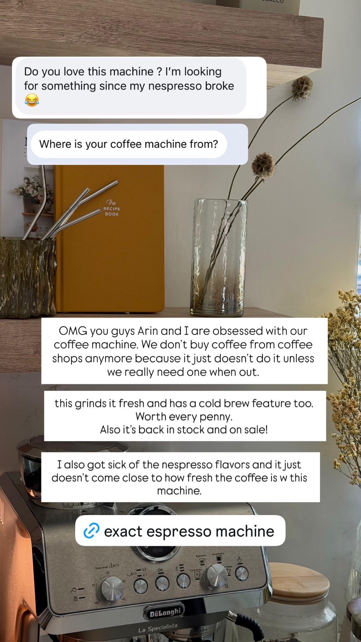 obsessed with our coffee machine. this grinds it fresh and has a cold brew feature too. Worth every penny. Also it’s back in stock and on sale!

coffee bar, coffee corner, home decor, home styling, coffee nook, coffee cups, iced coffee cups, organic cups, mugs, espresso, coffee machine, amazon home, kitchen decor, Wayfair, WayDay, Wayfair finds 

@Wayfair

#LTKdayinmylife #LTKHome #LTKmorningroutine