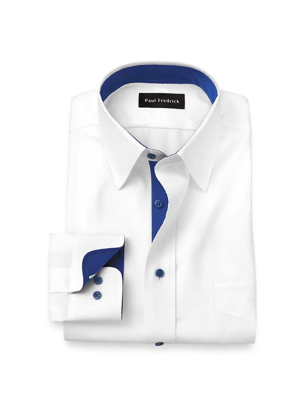 Comfort Stretch Non-Iron Solid Dress Shirt With Contrast Trim - White/cobalt | Paul Fredrick MenStyle