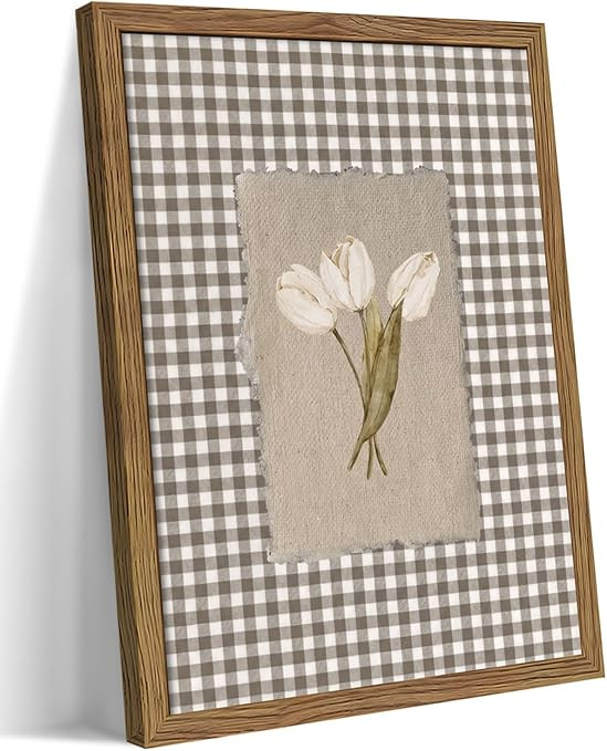 Vintage White Tulips Framed Canvas Wall Art – Brown Gingham Botanical Painting Print, Rustic Fa... | Amazon (US)
