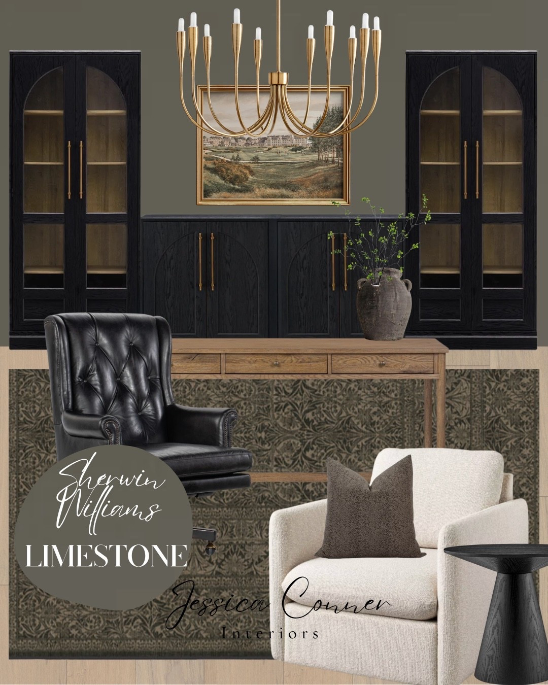 A moody home office moment ✨ Modern classic, moody hybrid. 
Painted in Sherwin Williams Limestone, this space pairs the dark colors we all love with warm wood tones.  Black cabinetry is always timeless, too. 


#LTKHome